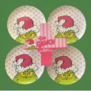 Dr. Seuss THE GRINCH Set of 4 Melamine 8" Round Plates Pink Polka Dots